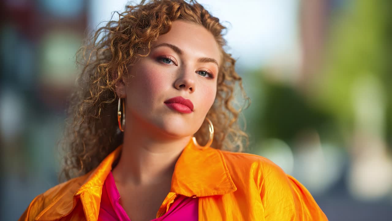 Confident woman with curly hair wearing vibrant orange and pink clothing stands outdoors, capturing attention with striking makeup and a contemplative expression