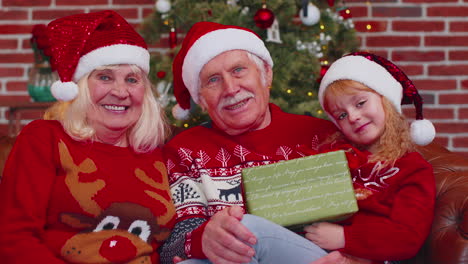 Senior-grandparents-with-granddaughter-in-Santa-Claus-hat-celebrating-at-home-near-Christmas-tree