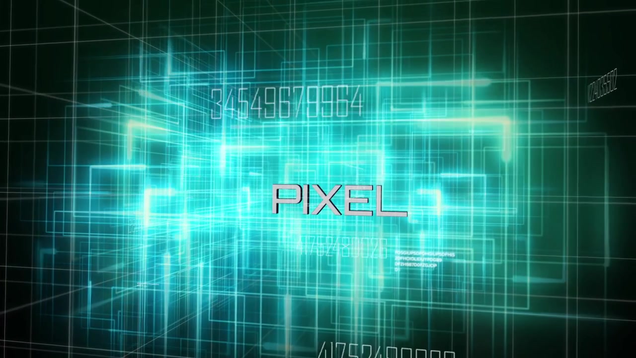 Building wireframe cube from teal grid in matrix, revealing PIXEL logo and scanning numeric codes
