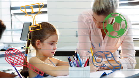 teacher assisting young student with sports equipment animation over classroom scene