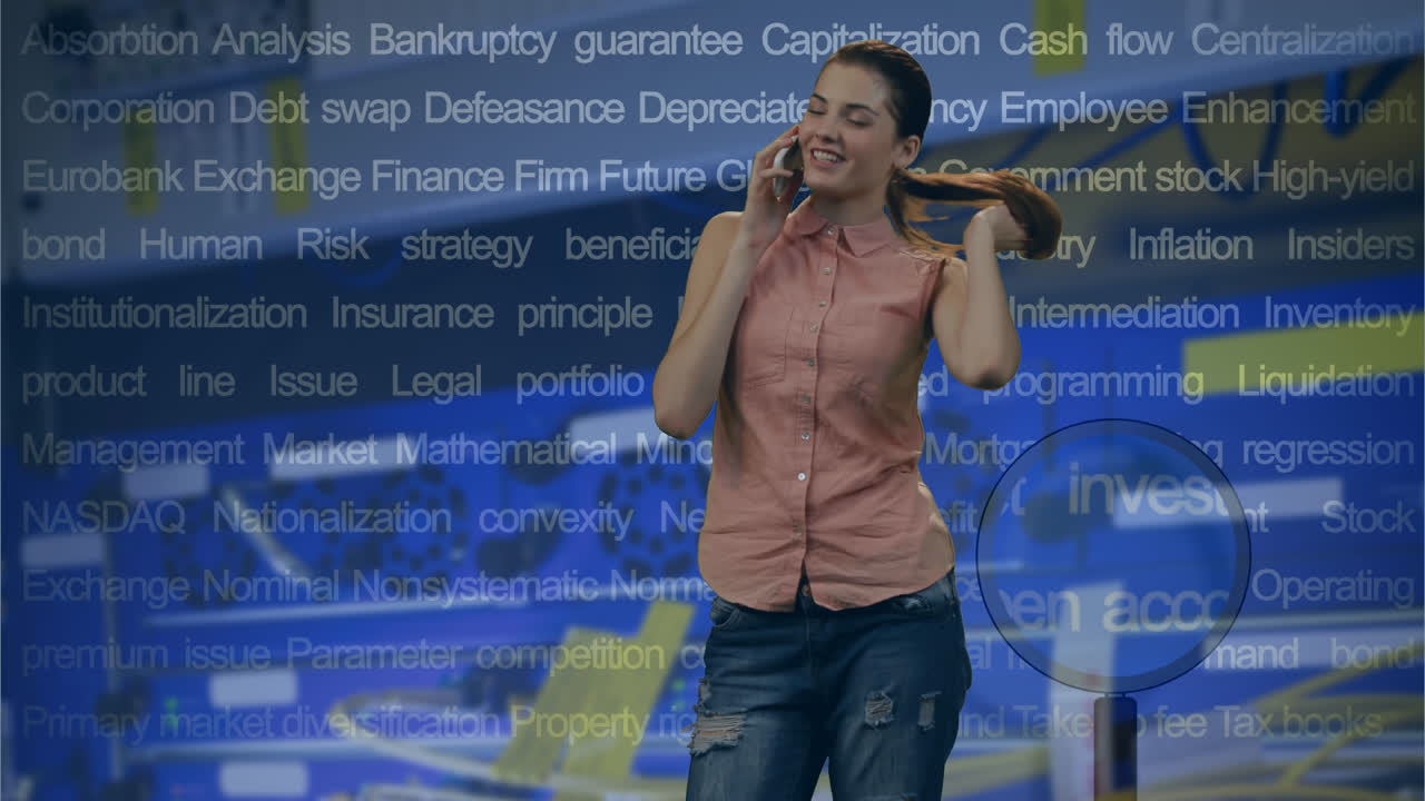 Animation of caucasian woman talking on smartphone over server room