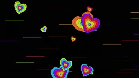 animación de corazones de arco iris sobre un fondo negro