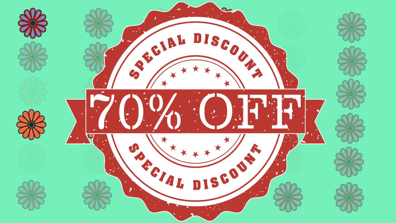 animación de 70 por ciento de venta de texto sobre las flores que se mueven en movimiento hipnótico