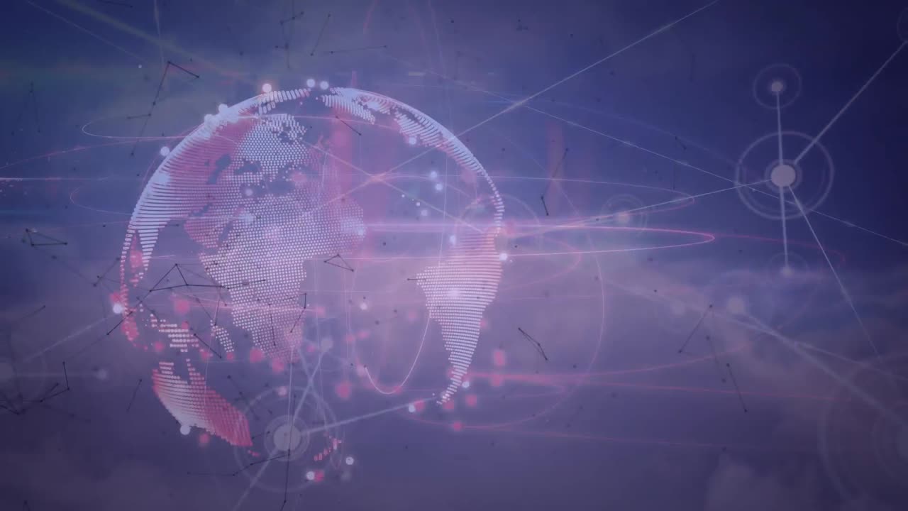 Animation of turning globe and network of communication connections against cloudy sky