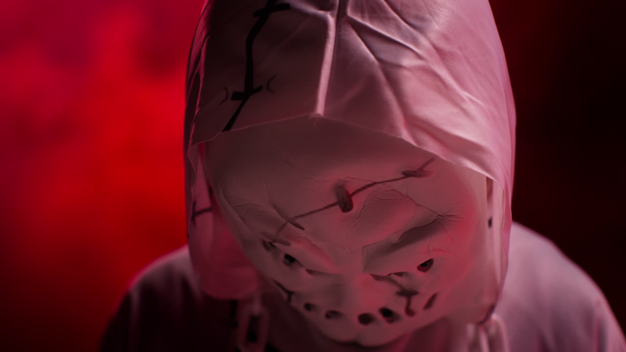 primer plano de un niño vestido de fantasma zombie monstruo disfraz de truco o trato en halloween asustando a la gente contra el fondo de humo rojo 1