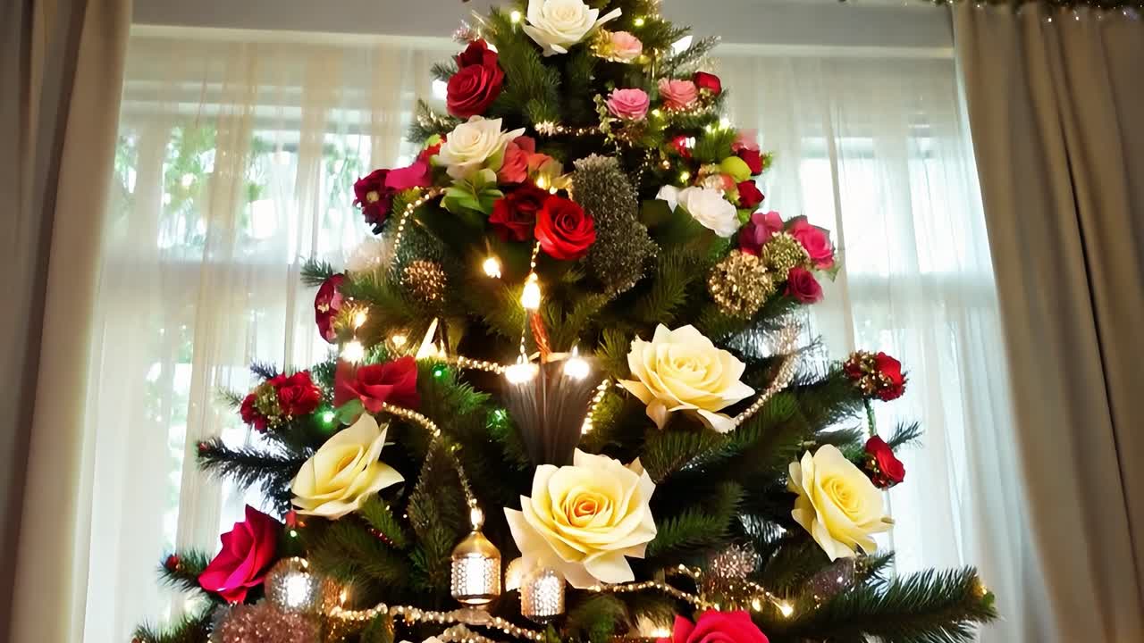 노란색과 빨간색 장미와 색 요정 불빛으로 장식 된 크리스마스 트리는 거실에 서 있습니다.