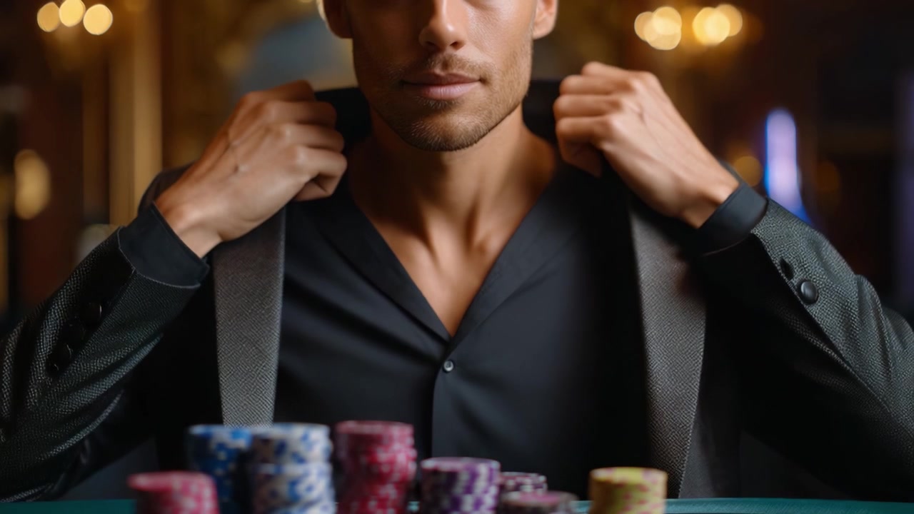 Jogador Confiante Ajusta o Traje na Mesa de Cassino Rodeado por Fichas de Pôquer Coloridas em um Ambiente Luxuoso Cheio de Luzes Brilhantes e Atmosfera Opulenta.