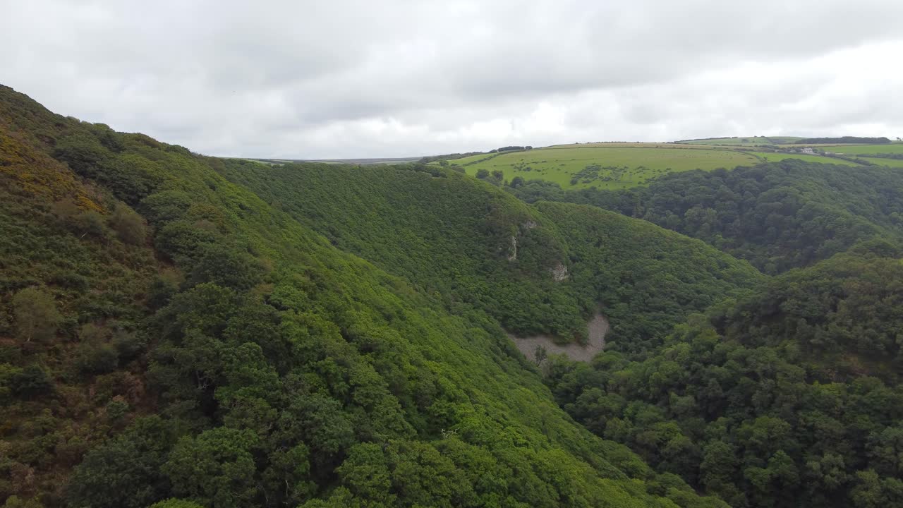깊은 휘어지는 계곡 위로 공중 촬영을 밀어