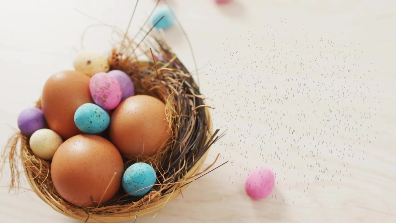 Nest staying left while pastel eggs dropping from top-right rolling, causing glow bursts for design