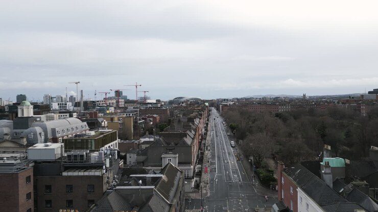 Aerial forward view of Merrion Square park on the south side of Dublin city, Ireland