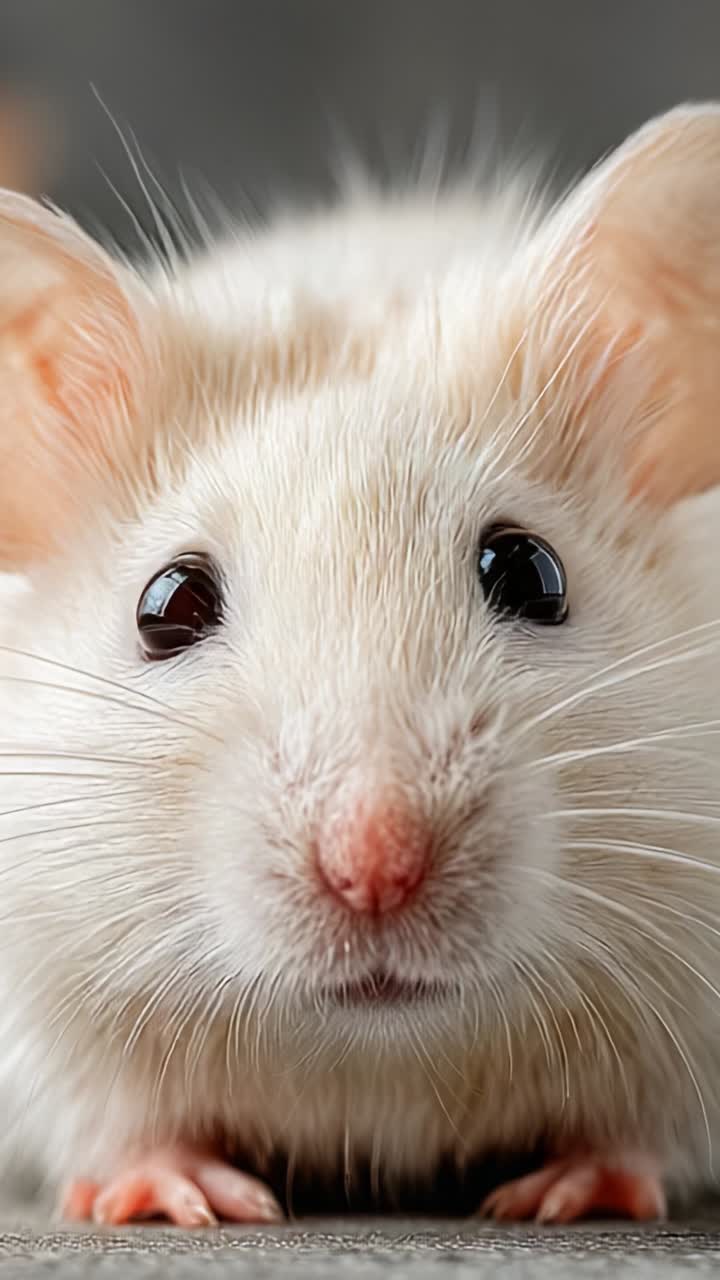 Primo piano di un topo domestico bianco che cattura le sue adorabili caratteristiche con grandi occhi e pelo morbido, perfetto per gli amanti degli animali e gli appassionati di animali domestici