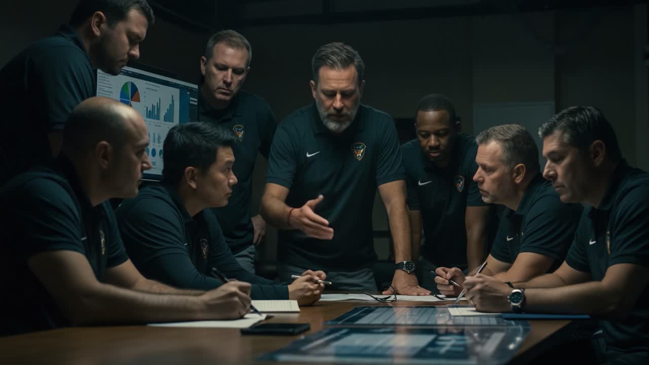 A Strategic Meeting of Experts Analyzing Data and Formulating Plans: A Group of Professionals Collaborating to Achieve Common Goals in a Dimly Lit Conference Room