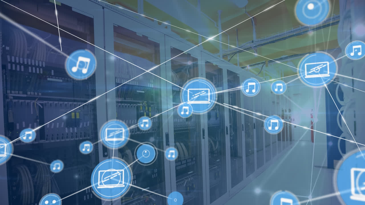 Animation of network of connections with icons over server room