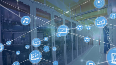 animation of network of connections with icons over server room