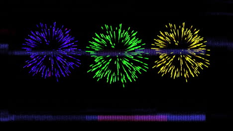 animación del efecto de falla sobre fuegos artificiales coloridos que explotan contra un fondo negro