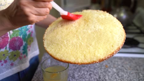 moistening sponge cake with peach syrup. closeup