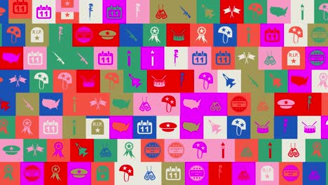 día de los veteranos. fondo. patrón sin costuras. animación de mosaico de bucle. pancarta o telón de fondo con iconos multicolores que parpadean, logotipos o ilustraciones