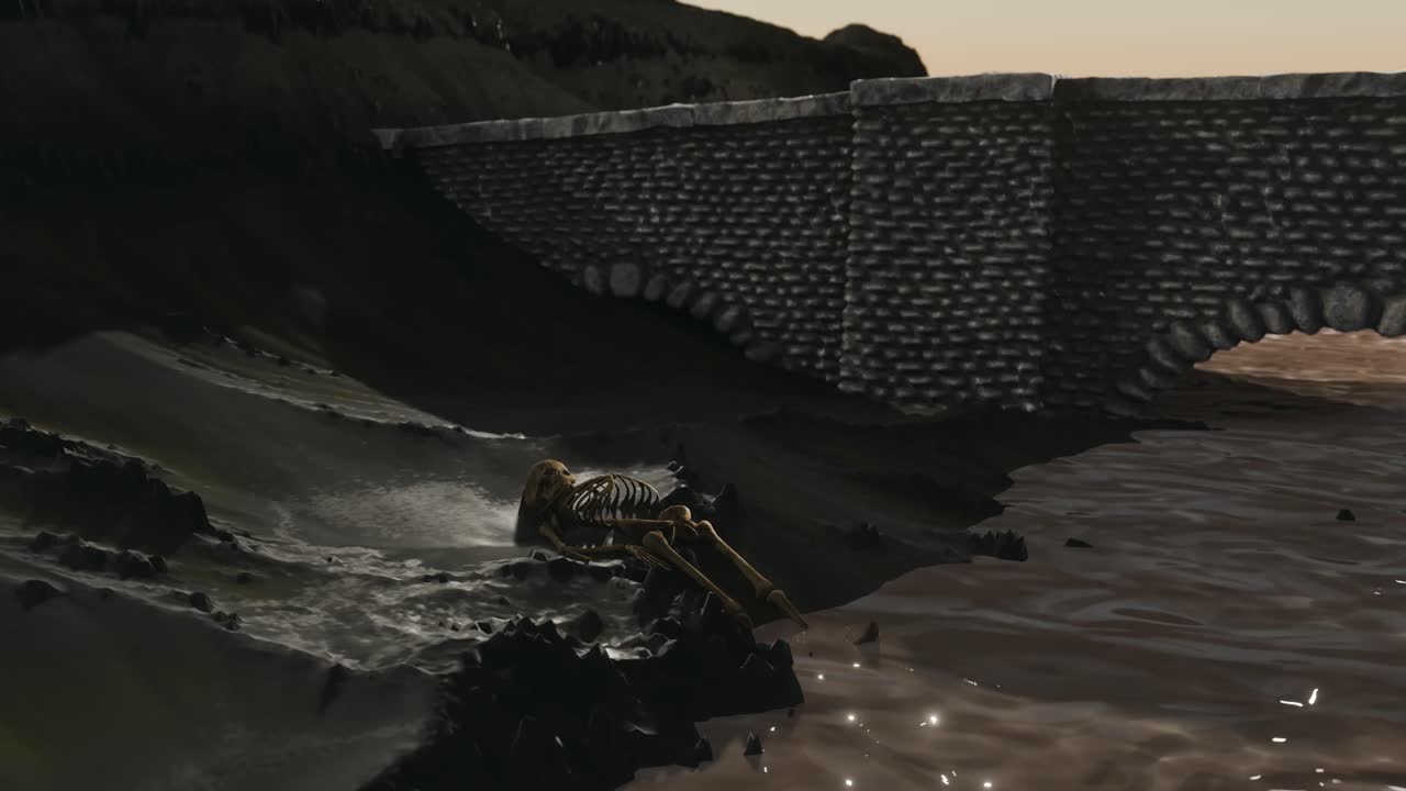3D animation showing a skeleton washed up on the side of a flowing river under a bridge