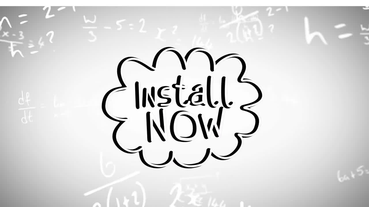 이제 설치 텍스트 배너와 회색 배경에 떠다니는 수학적 방정식의 애니메이션.