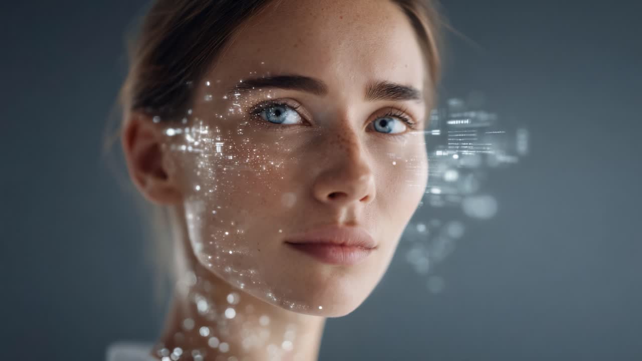 A Close-Up Exploration of Facial Recognition Technology Highlighting Digital Projections on a Model's Face, Capturing Innovation and Human Expression