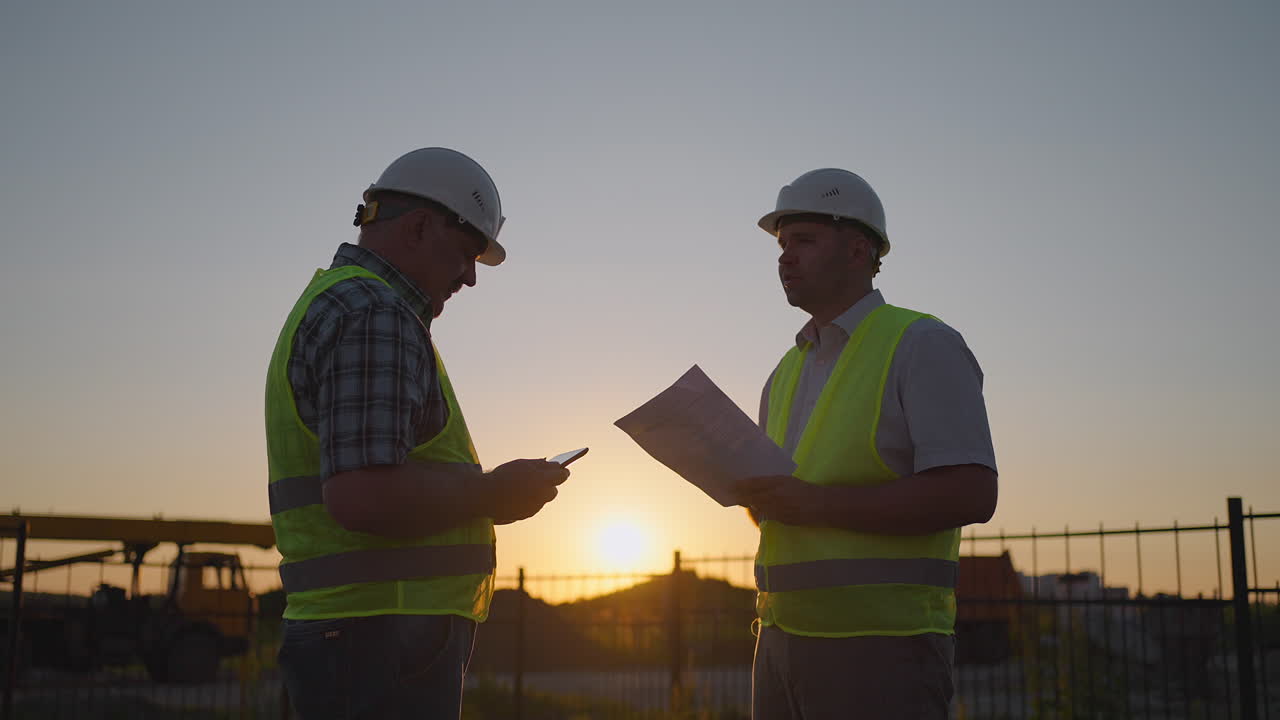 Gerente de construcción y trabajadores dándose la mano en la obra. Constructor con una tablet y un inspector con cascos blancos se dan la mano al atardecer. Símbolo de un acuerdo de trabajo exitoso.