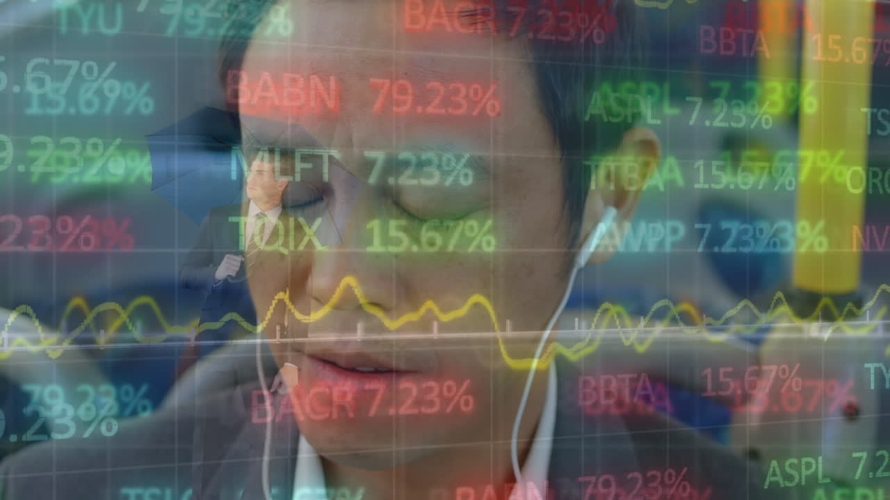 Animation of data processing and caucasian businessman over asian businessman in bus