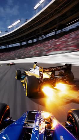 two formula one cars racing fiercely on a circuit under bright sunlight, showcasing thrilling competition and high speed, enhanced by a dynamic motion blur effect
