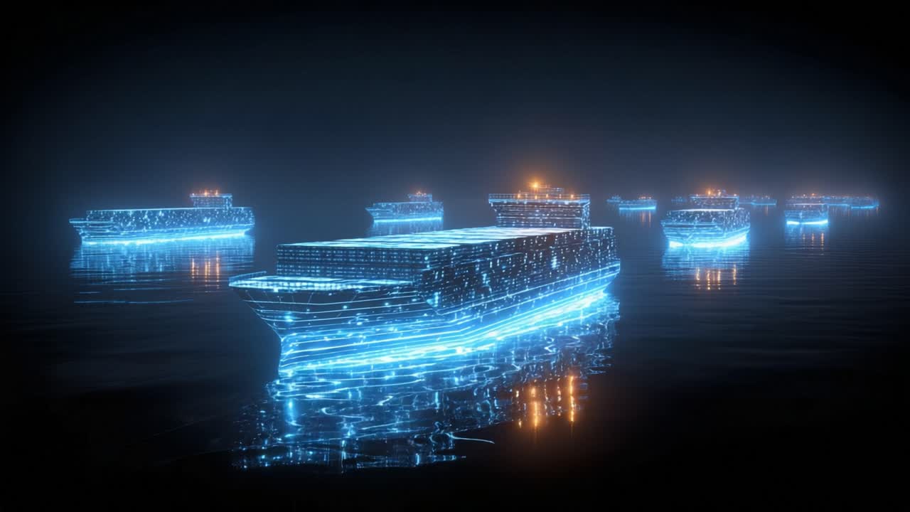 Futuristic digital fleet of glowing container ships crossing a neon ocean, visualizing global logistics, smart supply chains, maritime transport, connected freight and data driven trade