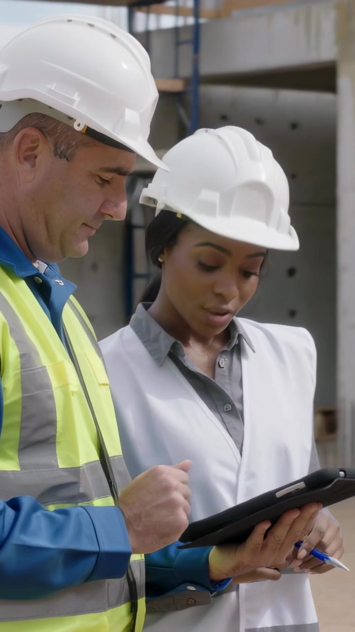 Video verticale: Caposquadra con gilet catarifrangente che tocca un tablet e ingegnere che indica i piani, controllando il lavoro in cantiere.