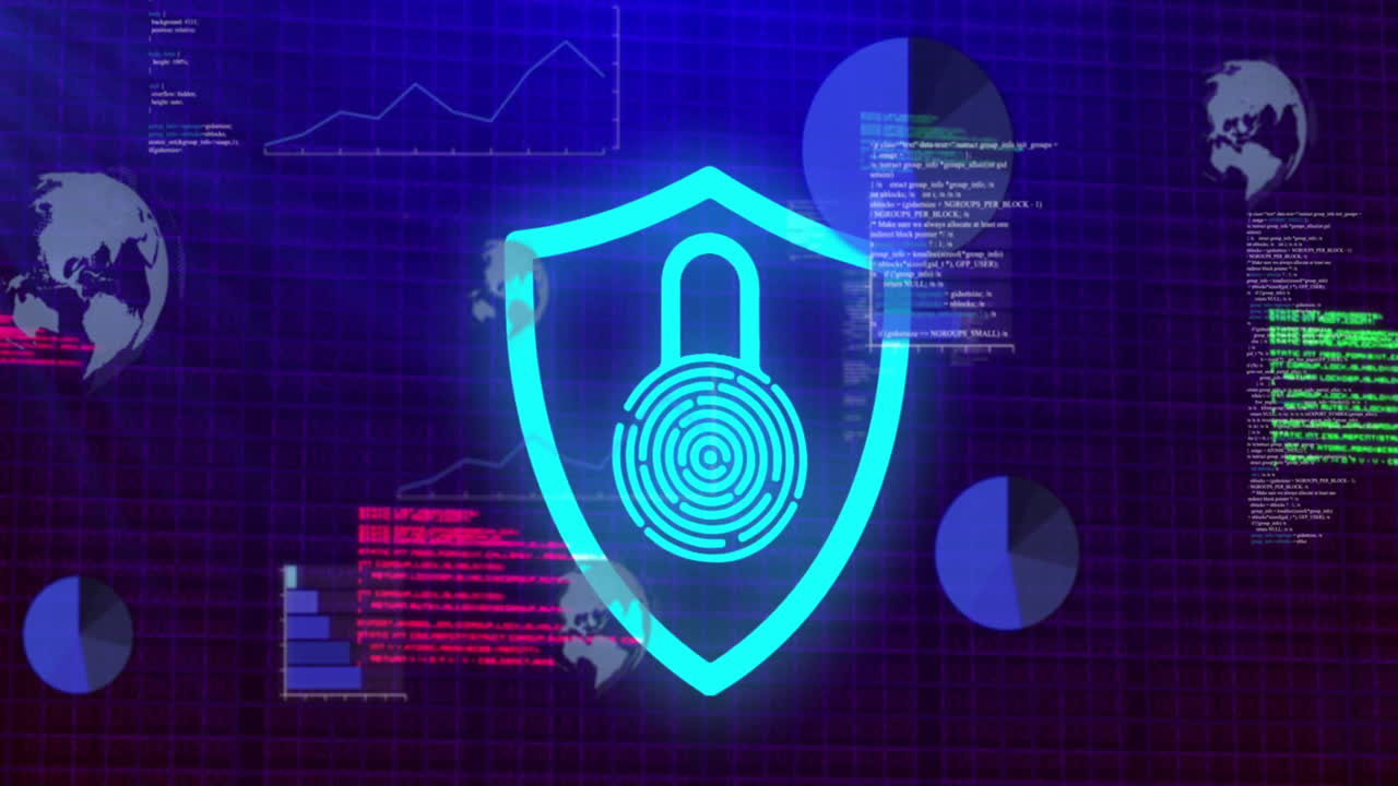 animación del candado en escudo, gráficos, globos y lenguaje informático sobre fondo negro