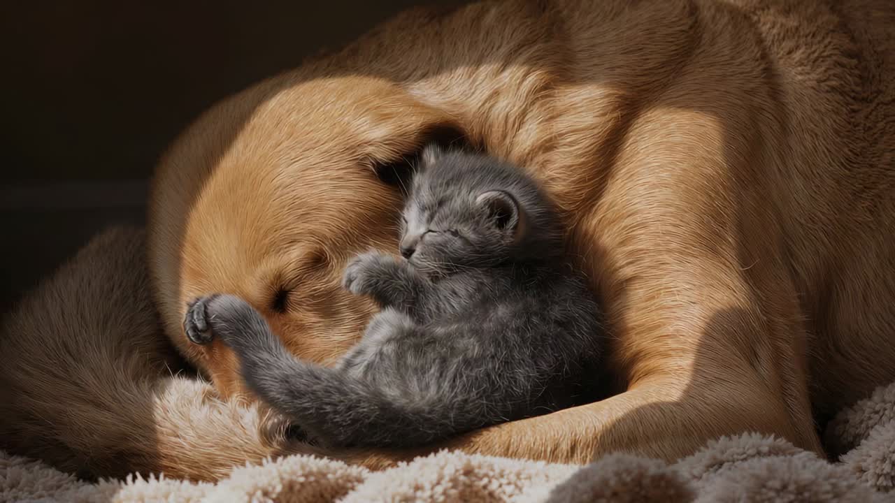 Gatinho se movendo, cutucando um cão dourado, abrindo, observando e protegendo em um cobertor de lã macio com estampas em casa