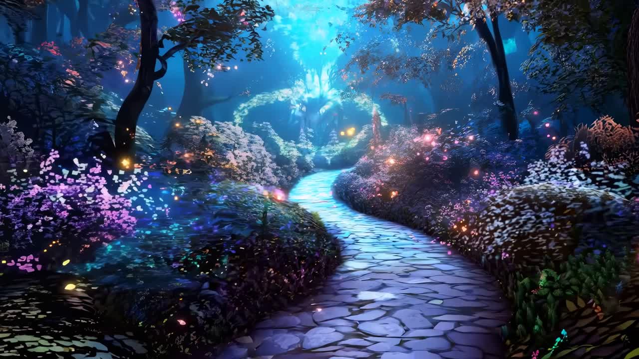 A magical forest path with glowing flowers and butterflies, captured from a low angle
