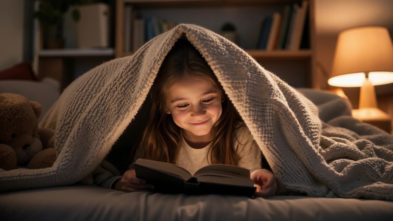 Giovane ragazza che legge un libro sotto una coperta accogliente di notte con una fonte di luce luminosa.