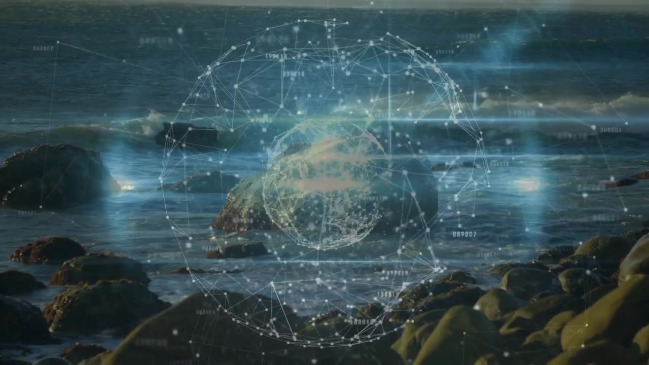 Light dots forming pulsing rotating holographic sphere before stabilizing to visualize data network