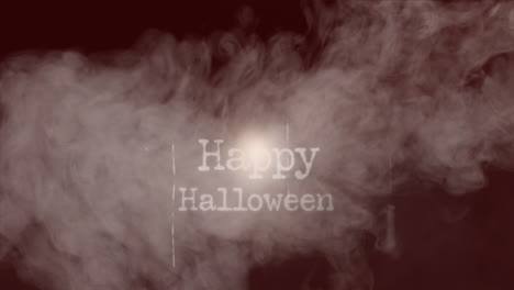 animación de banner de texto feliz de halloween sobre el humo contra un fondo gris