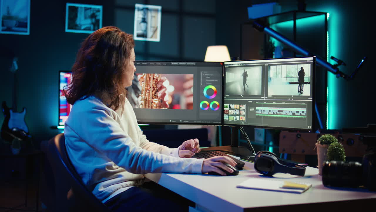 editor de video sonriente trabajando para una compañía de medios en la sala de edición