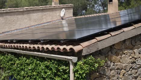 modern solar energy panels on traditional house roof under clear sky