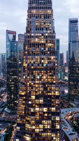 aerial view of illuminated skyscrapers at night