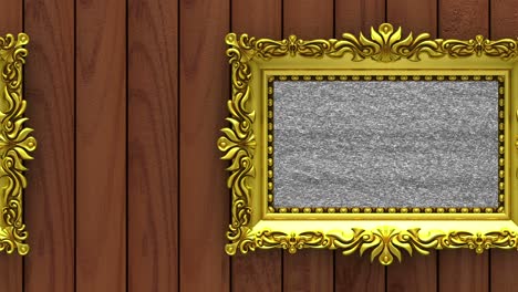la cámara se mueve a lo largo de marcos de imágenes dorados en fondo de madera marrón. animación 3d en bucle sin costuras. mockup con ruido de televisión y pantalla verde.