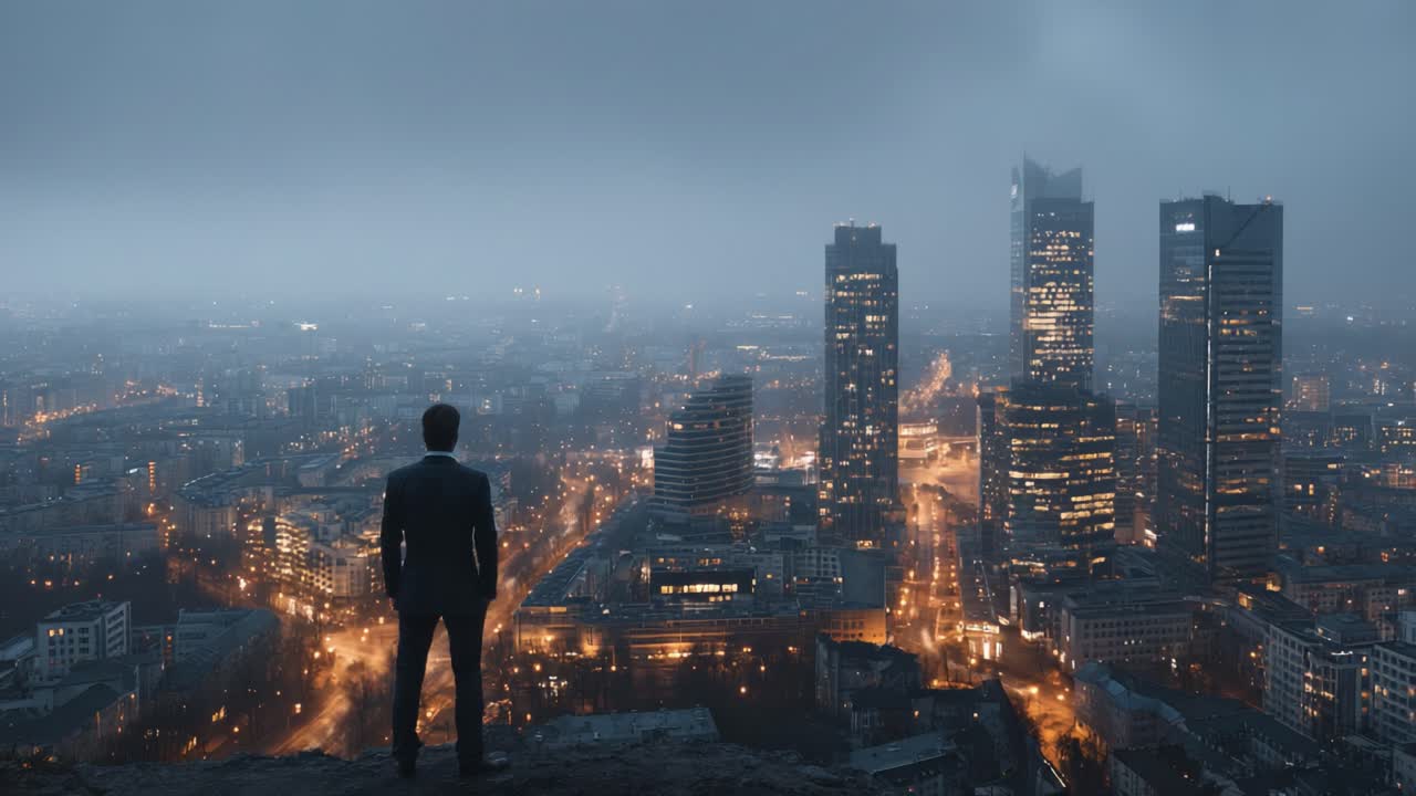 A Contemplative Figure Overlooks a Majestic Urban Landscape at Dusk, Capturing the Essence of City Life Amidst a Hazy Skyline and Glimmering Lights
