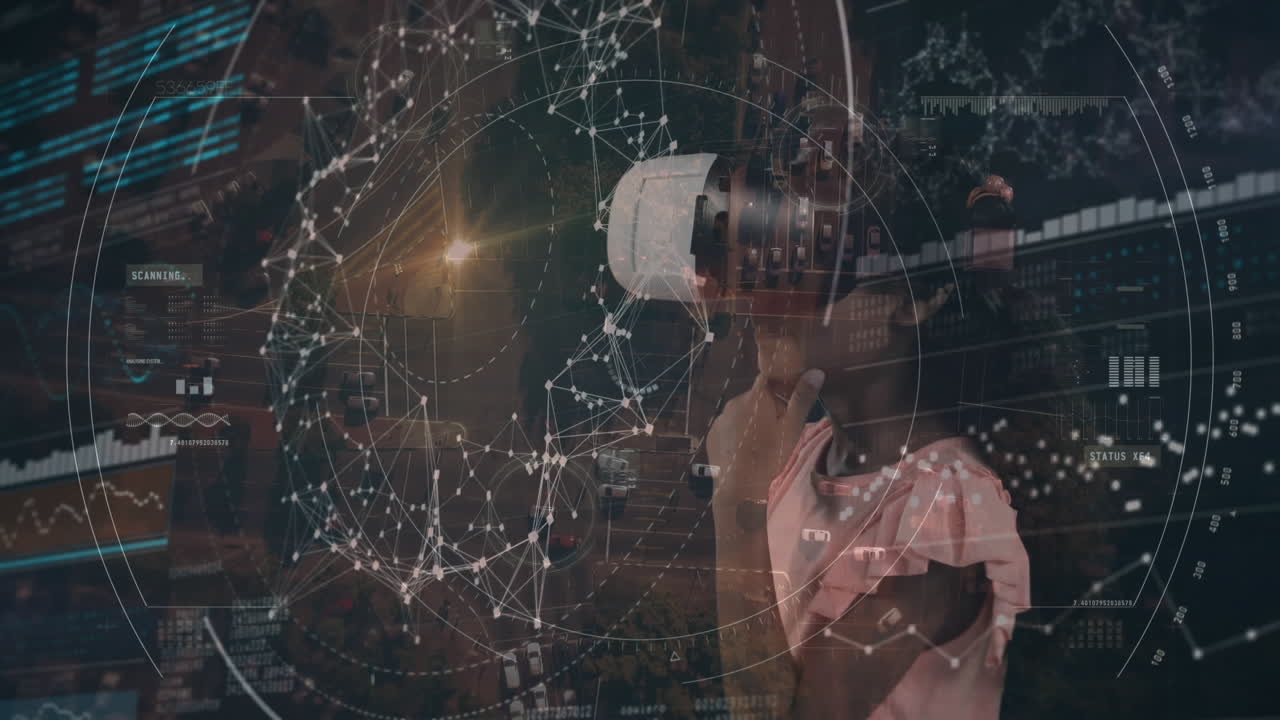 Animation of network of connections over girl wearing vr headset