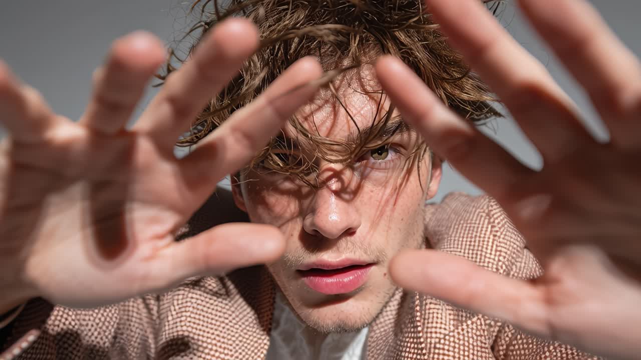 Fashion model reaching out with hands in slow motion