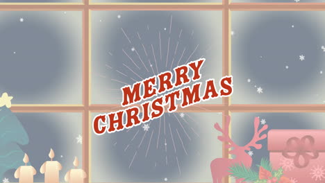 animation of merry christmas text over winter snowy window