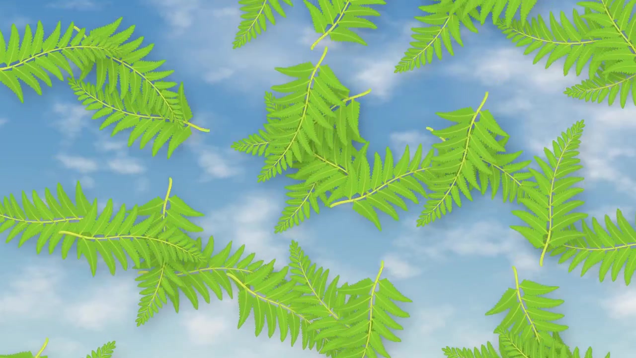 Stylized green fern leaves drift downward across a bright blue sky with soft white clouds.