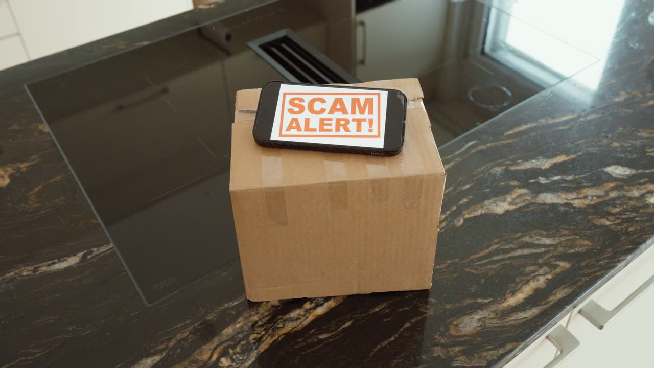 Close-up of a cardboard parcel on a kitchen countertop with a “SCAM ALERT” message displayed on a device above it. Perfect for themes like delivery scams, fake shipping notifications, online shopping