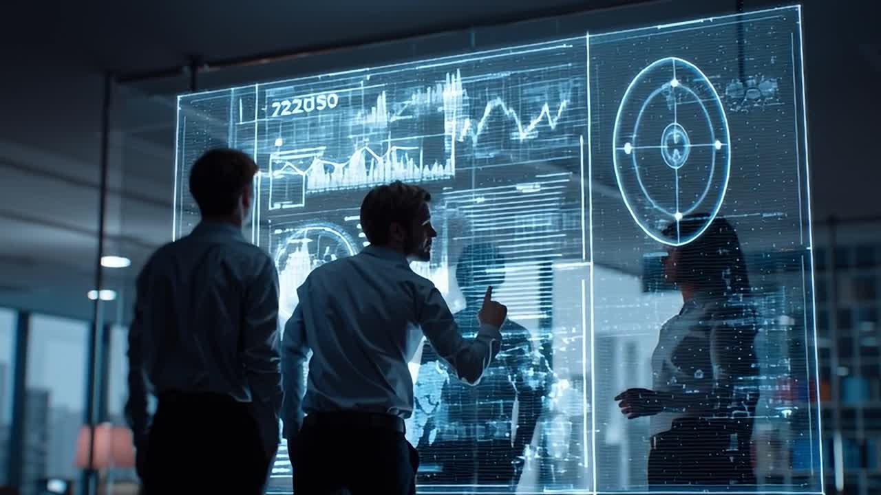 Experts analyzing data on a digital display in a modern office