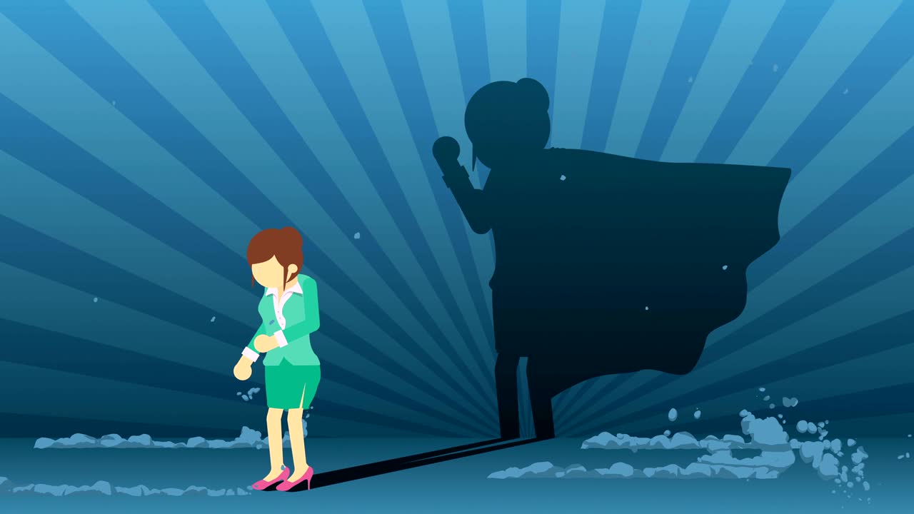 슈퍼 히어로 그림자와 함께 서 있는 비즈니스 여성, 비즈니스 기호, 우승자 및 도전 개념, 만화 루프 애니메이션