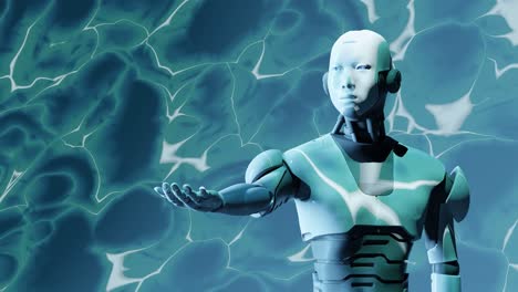 prototipo humanoide de robot cyborg que muestra su mano abierta con la palma vacía con fondo de textura líquida en animación de renderización 3d