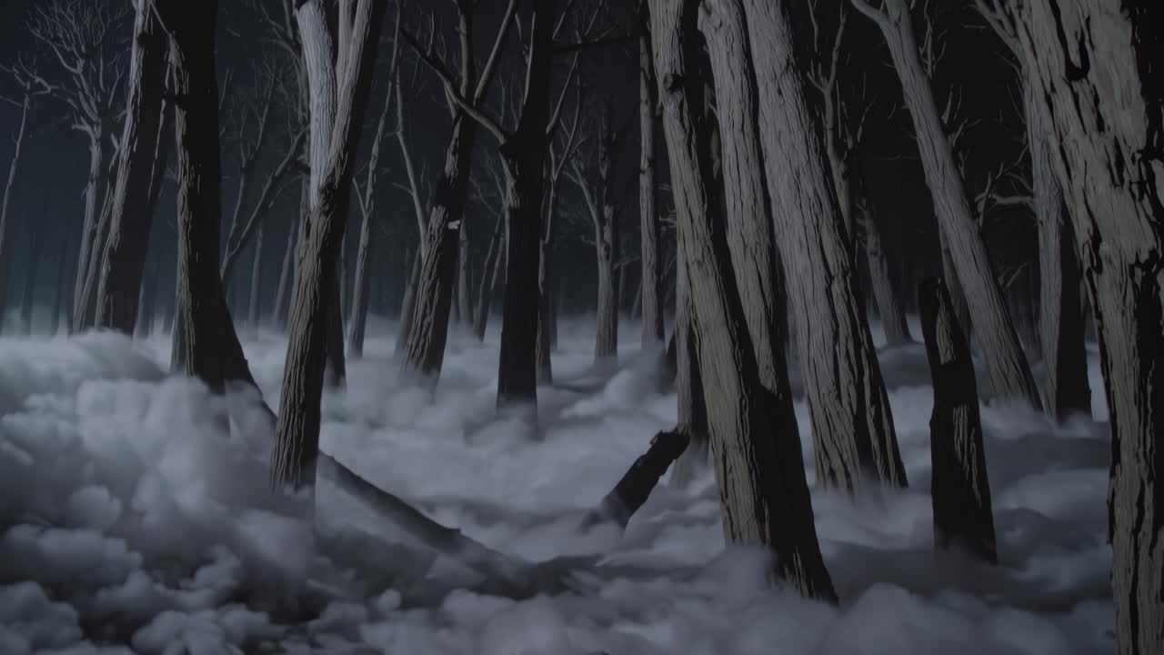 Low angle view of leafless trees rising in a dark, foggy forest at night, evoking a mysterious and eerie atmosphere filled with suspense and a sense of impending danger