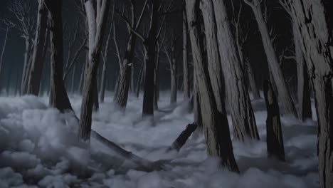 low angle view of leafless trees rising in a dark, foggy forest at night, evoking a mysterious and eerie atmosphere filled with suspense and a sense of impending danger